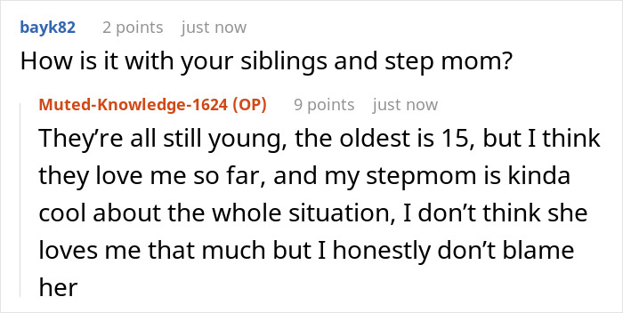 Reddit user discussing complex family dynamics involving siblings and stepmom in a candid online conversation.