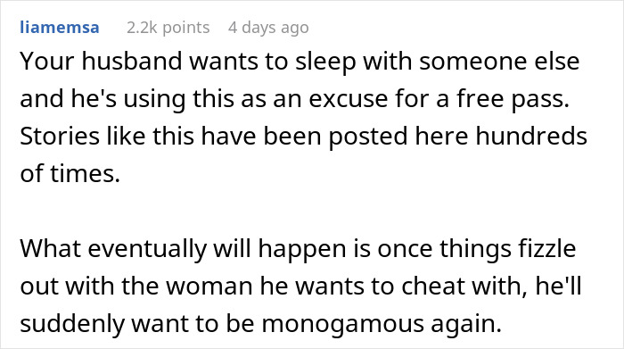 Text post discussing a man in a poly relationship and issues with his depressed wife and cheating excuses.