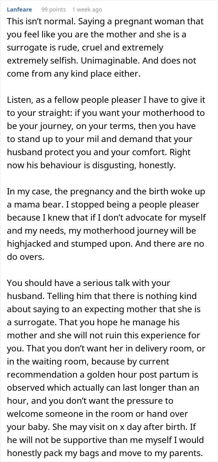 Pregnant woman uncomfortable with mother-in-law actions, seeking support and setting boundaries during pregnancy and postpartum.