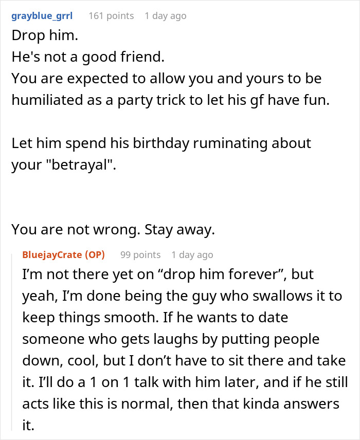 Reddit comments discussing a guy&rsquo;s girlfriend being bullied by his best friend&rsquo;s girlfriend at a birthday party conflict.