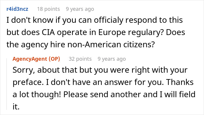 Reddit AMA excerpt showing a former CIA case officer responding to questions about agency operations and hiring.