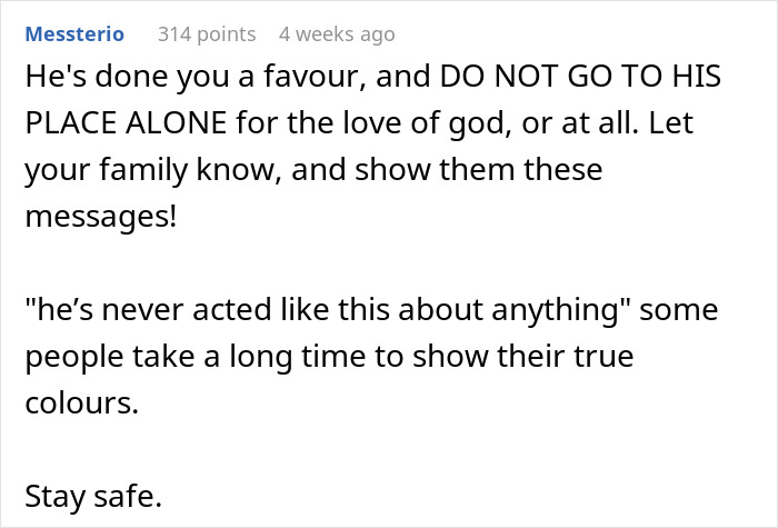 Text message warning about inappropriate behavior, advising to avoid going alone and to inform family for safety.