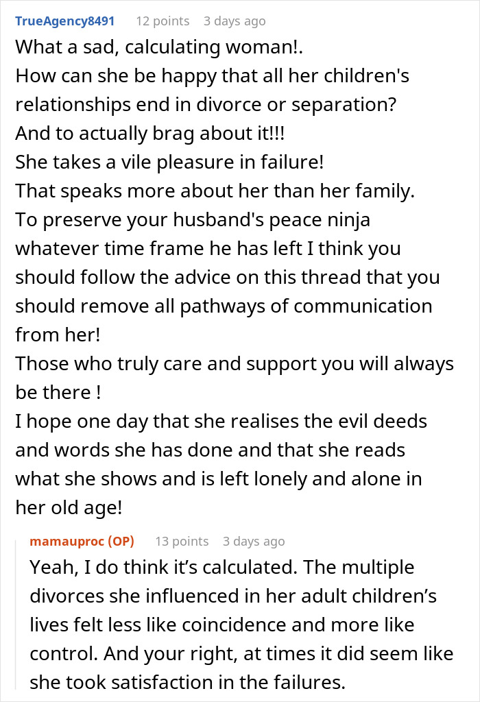 Reddit comments discussing a mother-in-law praised as a saint but giving a vicious ultimatum to her terminal son.