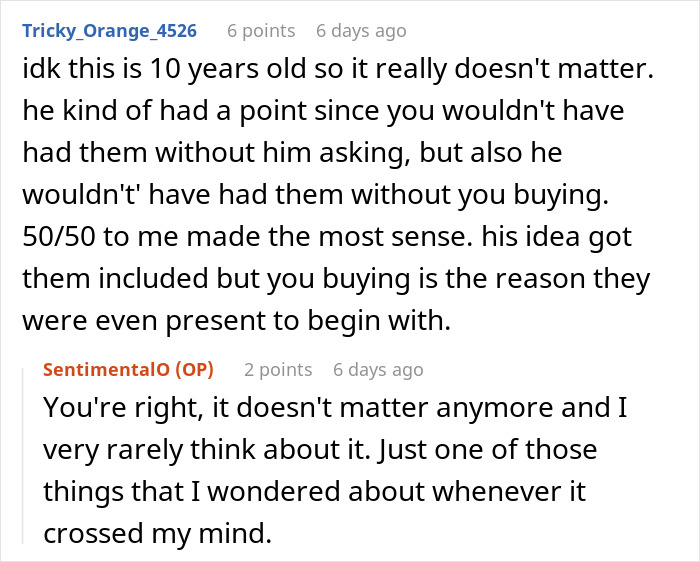 Screenshot of an online discussion about a guy turning his girlfriend’s bike spare parts purchase into a payday and profit sharing.