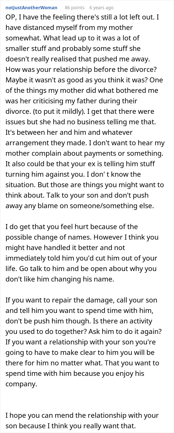 Reddit comment discussing drama over last name and spending time with biological dad in a family relationship context.