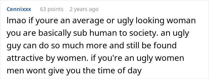Comment from an incel forum discussing harsh views on women&rsquo;s appearance and social value in incel communities.