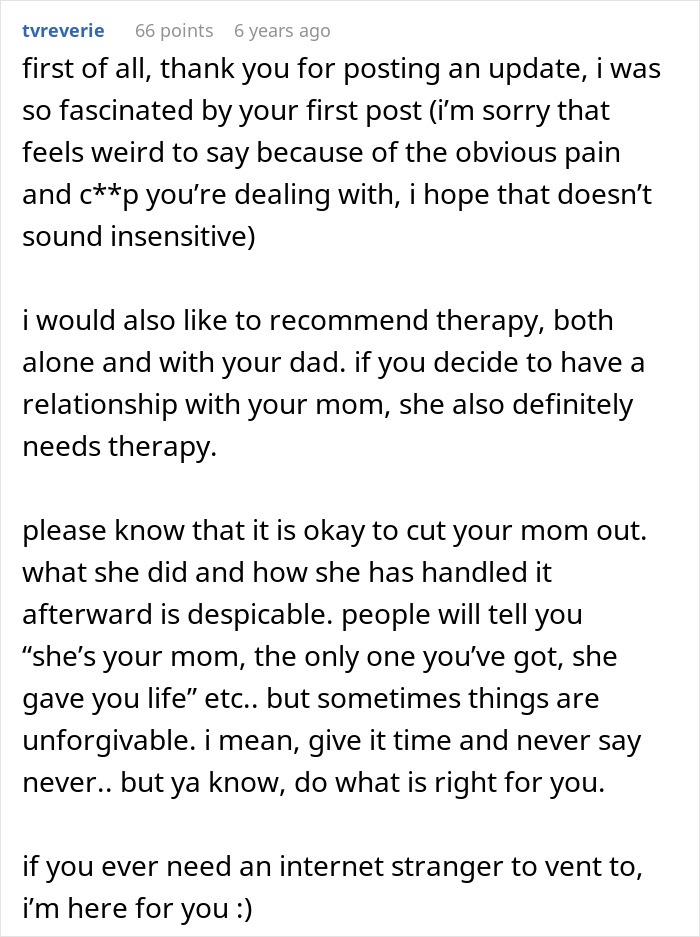 Text post from user tvreverie advising therapy and support after a DNA test reveals uncle is actually dad causing family chaos.