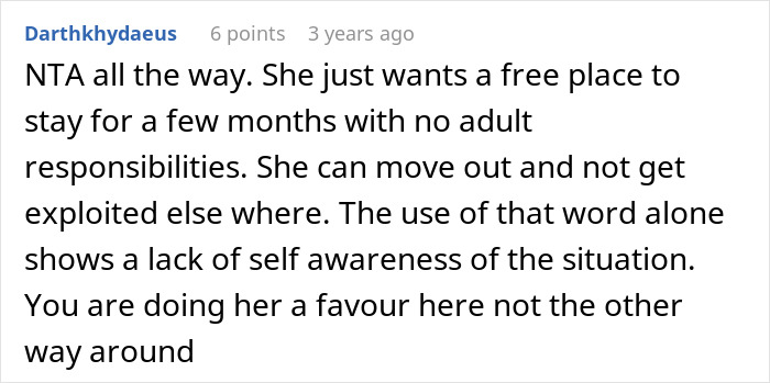 Comment discussing woman refusing to house sister due to her refusal to babysit and clean, highlighting child-free choice.