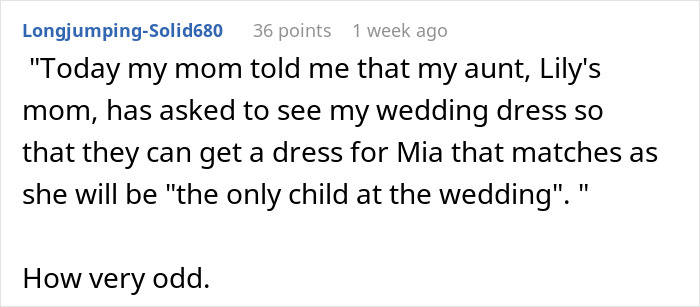 Screenshot of a discussion about an attention-seeking mom wanting to dress her 3-year-old daughter in the same dress as the bride.