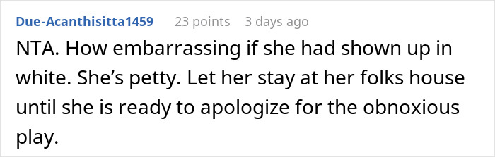 Comment on a forum about a husband leaving his wife after a wedding outfit reveal, discussing embarrassment and apology.