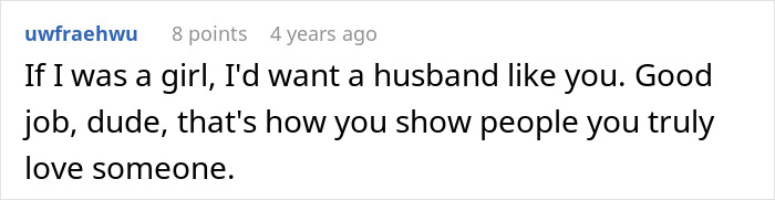 Comment praising a husband struggling to accept his wife&rsquo;s weight gain for showing true love and support.