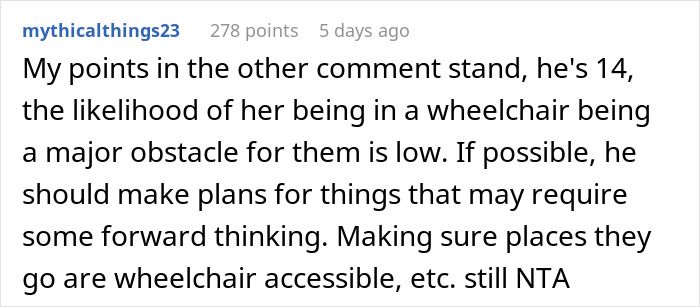 Comment discussing concerns about a 14-year-old boy and the challenges of dating a wheelchair user.