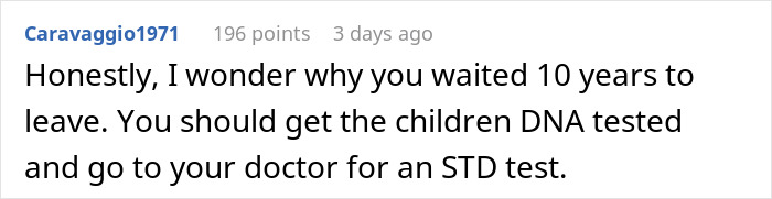 Comment on social media post discussing woman-party-relationship-partner, suggesting DNA and STD tests for children and partner.