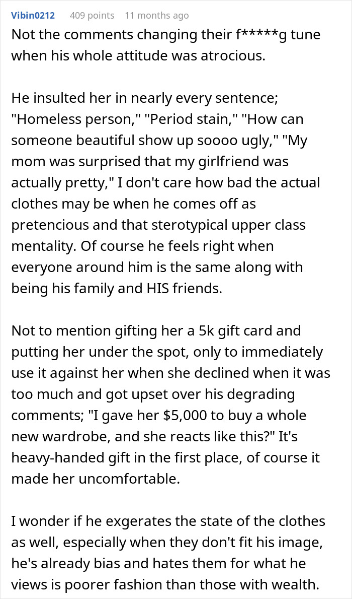 Commenter discussing a man embarrassed by his girlfriend&rsquo;s style and how it triggers her childhood trauma.