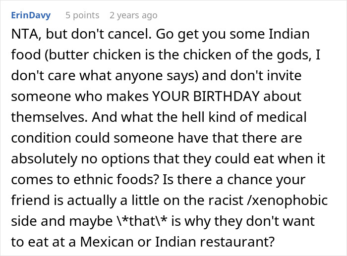 Comment discussing frustration with friend&rsquo;s strict diet rules interfering with birthday plans and ethnic food choices.