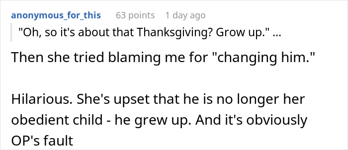 Screenshot of a social media comment discussing MIL accusing DIL of changing him after son cuts toxic family ties.