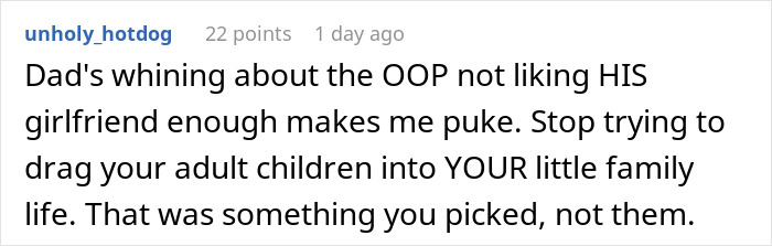 Screenshot of a Reddit comment expressing frustration about Dad's girlfriend and family dynamics related to pregnancy discussions.