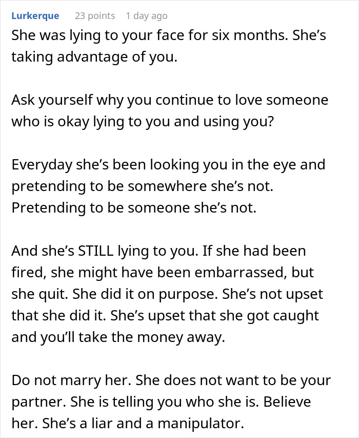 Text from online comment discussing a girlfriend who pretends to go to work after quitting, leaving boyfriend mortified.