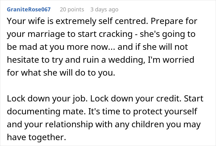 Comment warning husband about wife’s self-centered behavior after revealing outfit plans for brother’s wedding event.