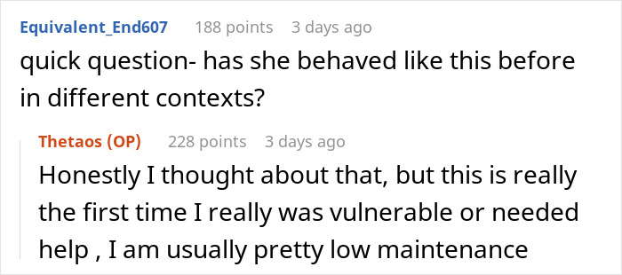Screenshot of a Reddit conversation where a man questions his fiancée’s behavior amid his vulnerability and misery. Screenshot of a Reddit conversation where a man questions his fiancée’s behavior amid his vulnerability and misery.