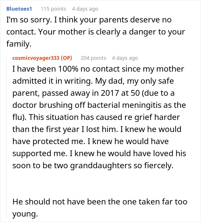 Online forum conversation discussing postpartum boundaries and the mother's harmful retaliation, with reflections on family loss.