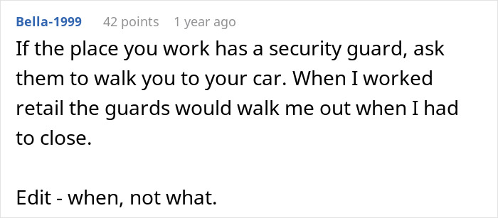 Comment on advice for teen safety, suggesting security guards walk employees to their car when closing work.