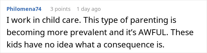 Comment about no consequences parenting in child care, highlighting concerns about kids lacking understanding of consequences.