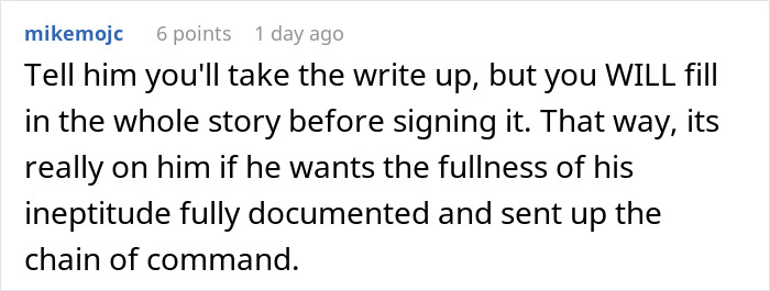 Comment advising to take the write-up seriously to document ineptitude, related to cashier overtime crisis response.