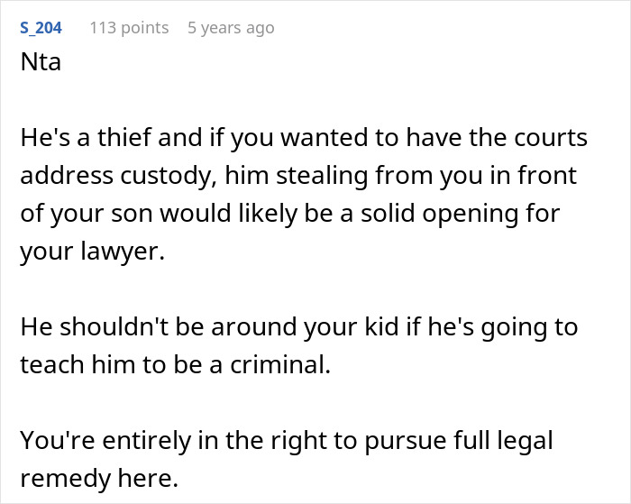 Text from user discussing a cheating ex-wife's boyfriend stealing expensive Lego sets and legal advice on custody and theft.