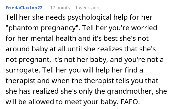 Comment discussing psychological help for a pregnant woman uncomfortable with mother-in-law actions and seeking therapy advice.