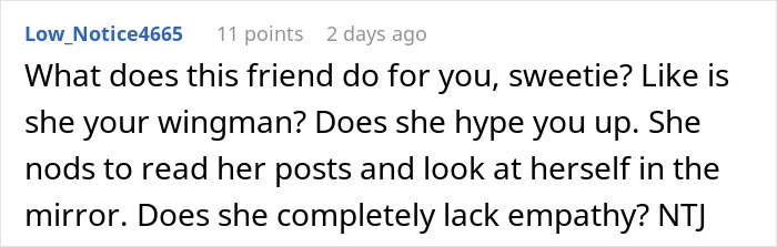 Screenshot of a forum comment questioning a friend's empathy and support in relation to a best friend backup plan hurt.