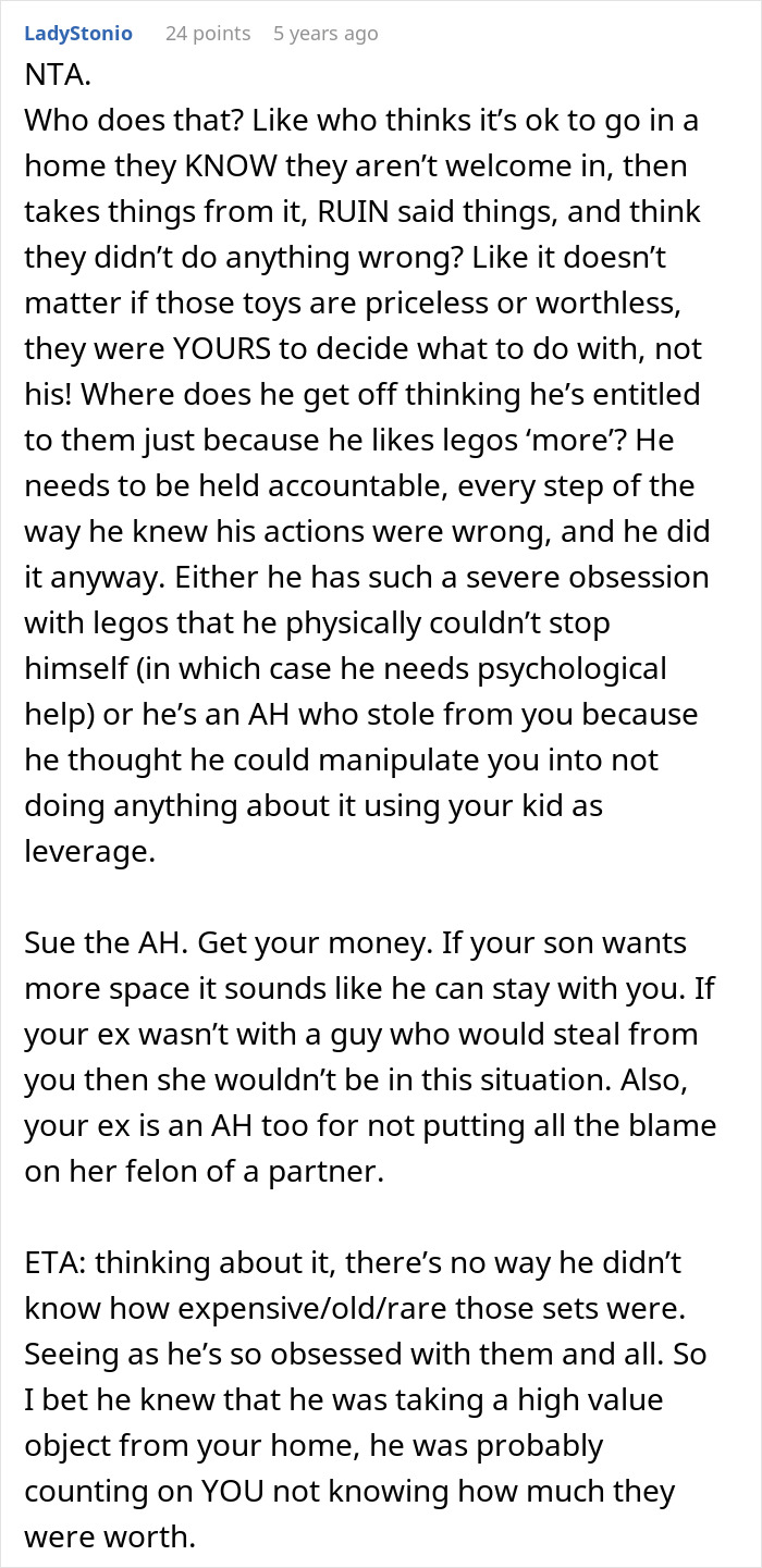 Comment discussing a cheating ex-wife&rsquo;s boyfriend stealing expensive Lego sets and the consequences he faced.