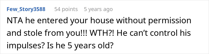 Online comment criticizing a man who entered a house without permission and stole, related to cheating ex-wife's boyfriend stealing Lego sets.
