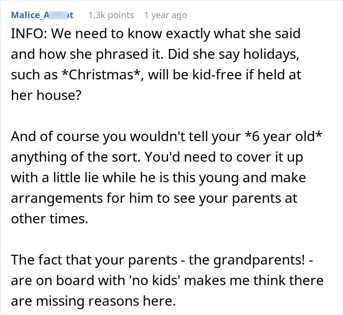 Comment discussing family no kids allowed rule and brother feeling targeted in a home setting conversation.