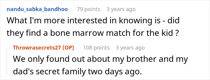 Screenshot of a Reddit conversation revealing a woman learns her father had a secret son for decades causing family turmoil.
