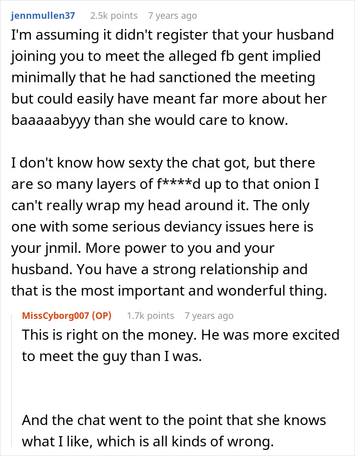 Screenshot of a Reddit conversation discussing a MIL trying to catfish a woman to prove cheating, which backfires spectacularly.