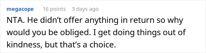 Screenshot of an online comment discussing a woman refusing to lend her new snow blower to a neighbor she never met before.