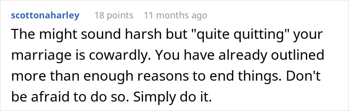 Comment expressing harsh advice about quiet quitting marriage, reflecting a tired woman&rsquo;s quiet quit feelings.