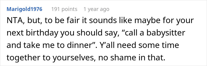 Comment on Reddit about husband&rsquo;s 36th birthday involving toddlers, a cabin, and a 5K run for quiet time advice.