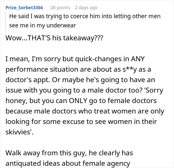 Comment discussing quick change discomfort and boyfriend’s reaction to actress girlfriend changing in front of men.