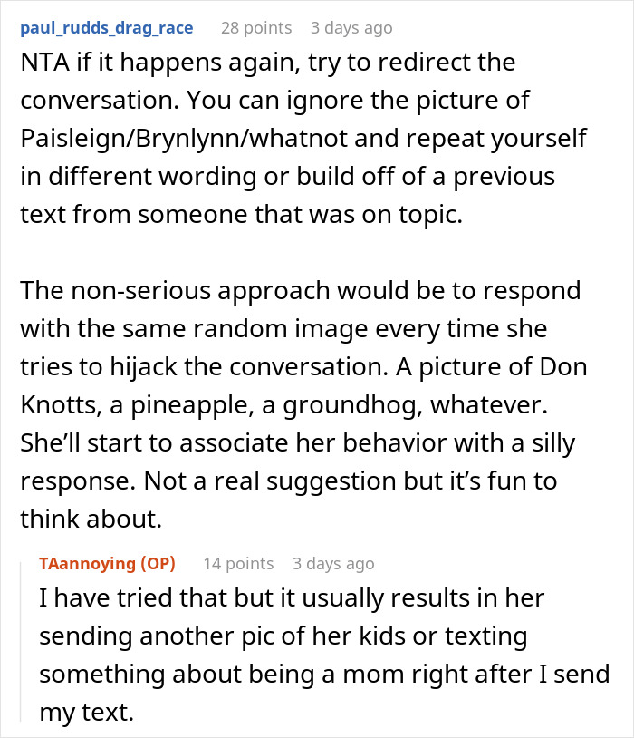 Screenshot of a Reddit thread discussing a mom who interrupts conversations by bringing up her kids repeatedly.