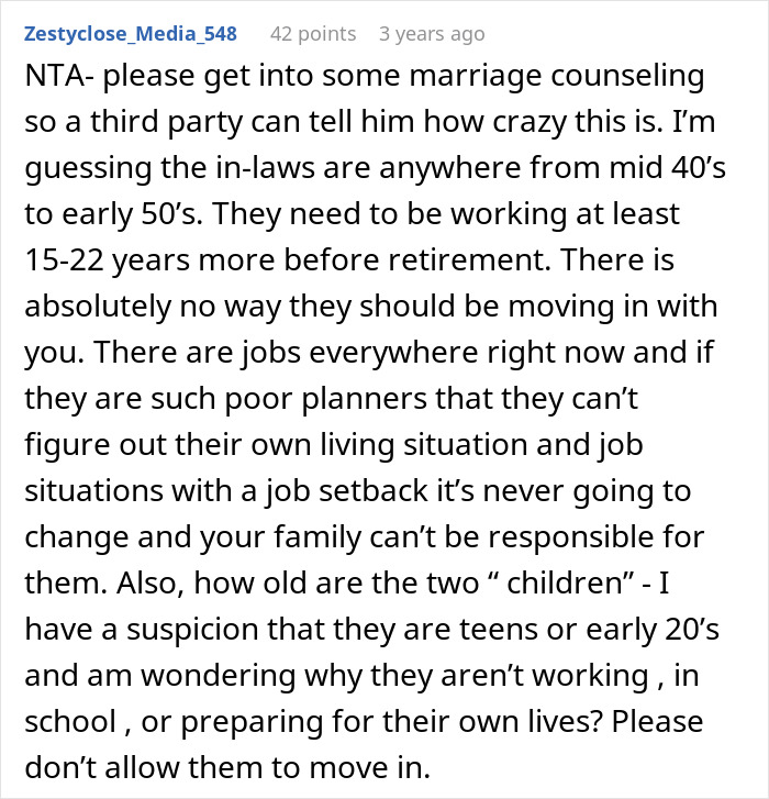 Comment expressing frustration over in-laws constantly showing up unannounced and concerns about them moving in.