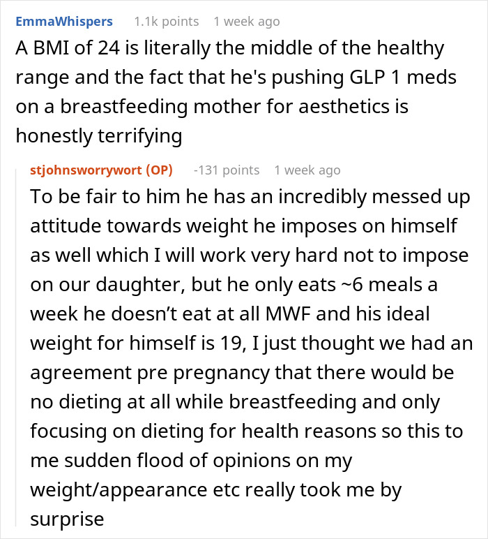 Online discussion about a man pressuring his wife to use prescription meds for postpartum weight loss.