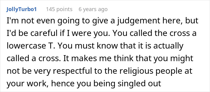 Screenshot of a forum comment discussing coworker preaching about Jesus and workplace respect involving HR and religious issues.