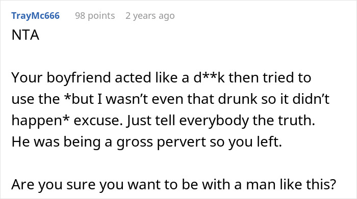 Screenshot of a Reddit comment discussing a woman telling her drunk boyfriend to stop acting like a jerk.