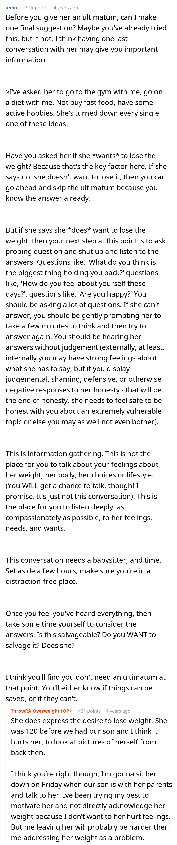 Screenshot of a detailed online advice discussion about a husband struggling to accept his wife&rsquo;s weight gain and their communication.