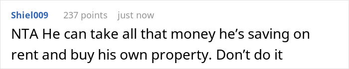 Screenshot of an online comment about a man with debt wanting half of his girlfriend’s inherited house and her refusal.