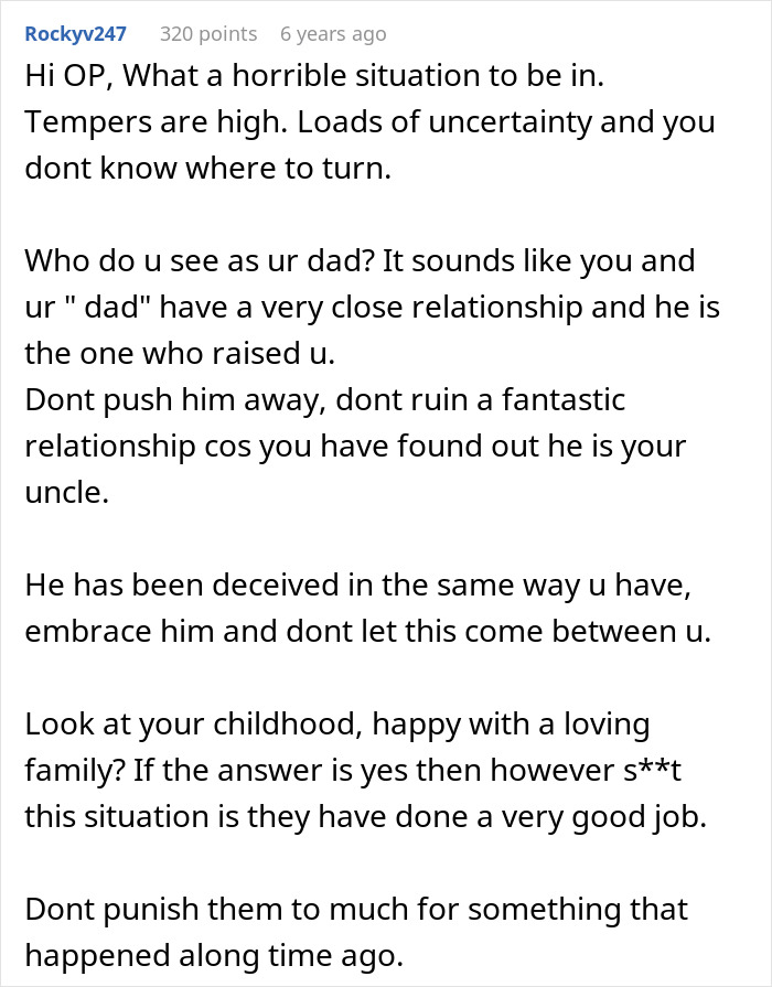Comment on family chaos after one DNA test reveals uncle is actually dad, advice on handling the complex relationship.