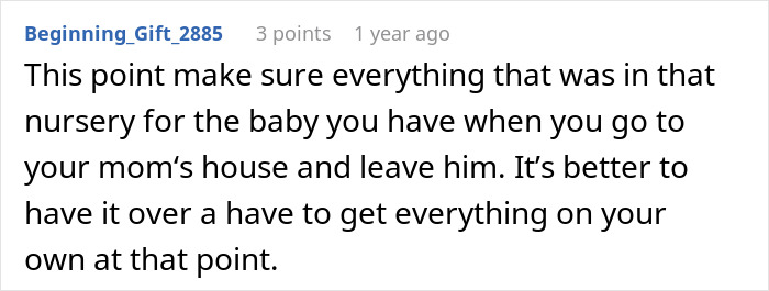 Screenshot of a Reddit comment discussing a nursery and caring for a baby in relation to family dynamics.