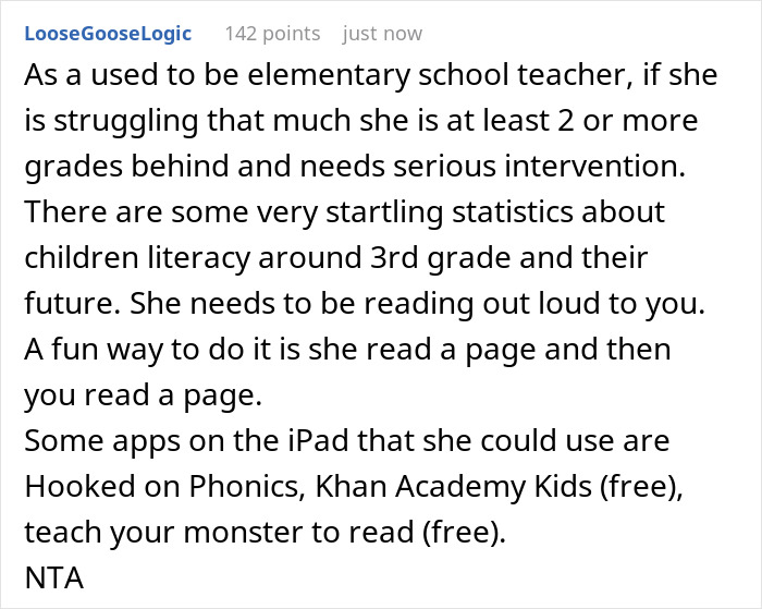 Comment discussing grandma teaching grandkid to read and childcare perks after daughter-in-law's reaction in online forum.